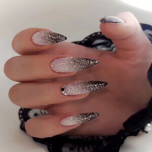 24 Pcs Black Gradient Glitter Stiletto Press-On Nails, Medium Length Drop Shape